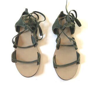 Valia Gabriel Flat Gladiator Sandals Womens 41 10 Olive Green Lace Up Goop Boho